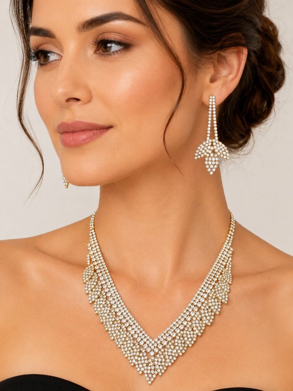 Gold Tone Rhinestone Statement Necklace Earrings Set Evening Dazzling New